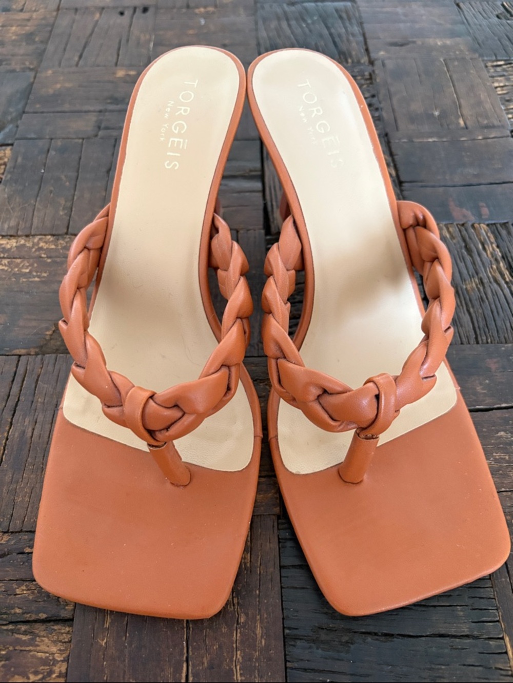 Torgeis New York Braided Leather Thong Sandal in Rust